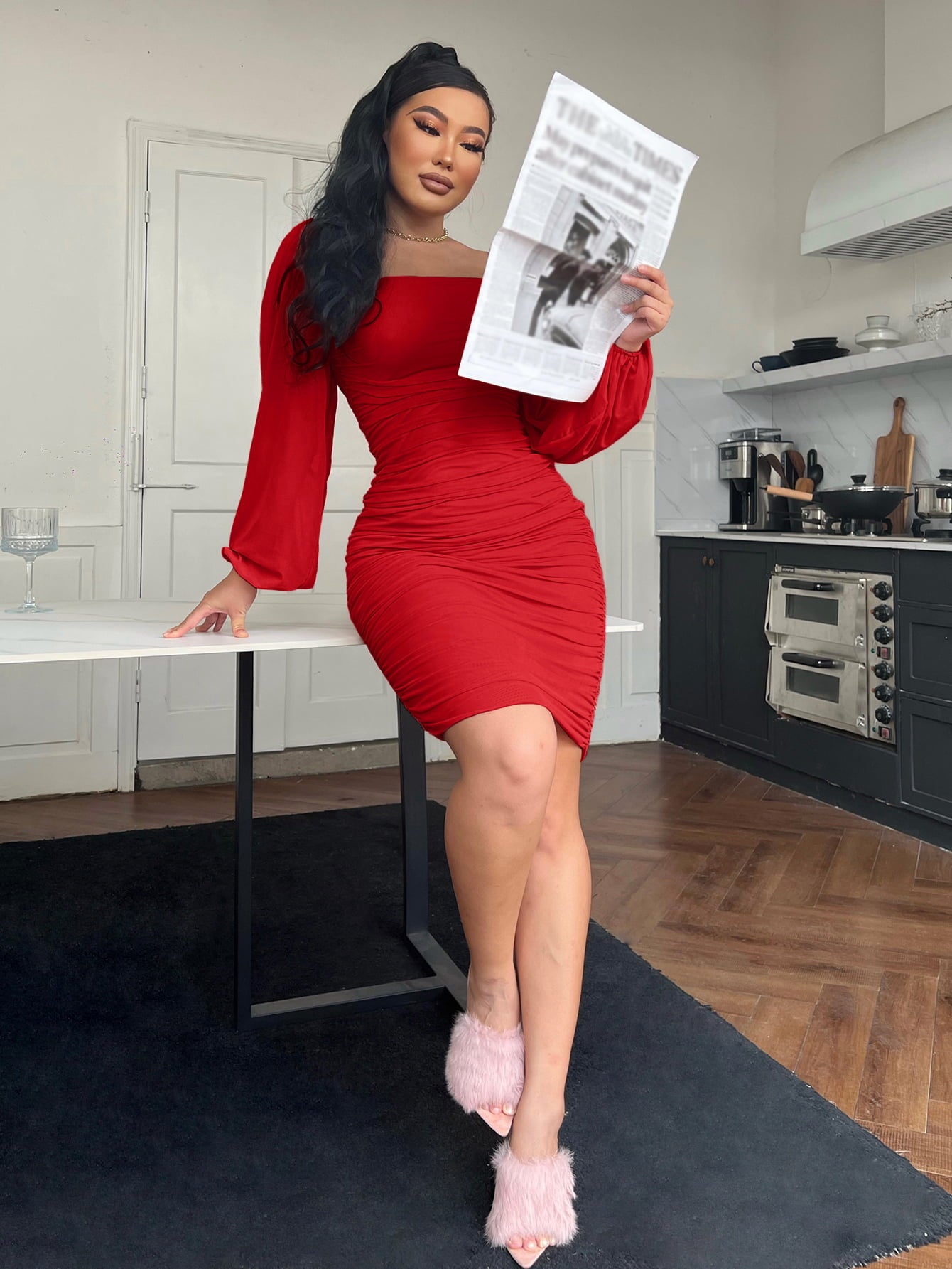 Red long-sleeve bodycon dress full-length view