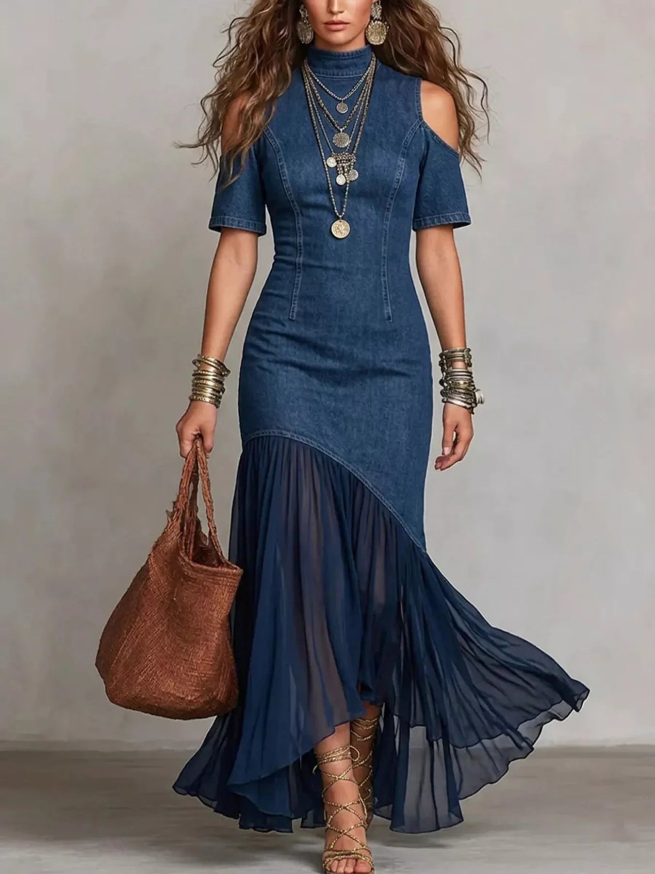 Dark-Blue Mock-Neck Cold-Shoulder Ruffle Maxi Dress - product view 3