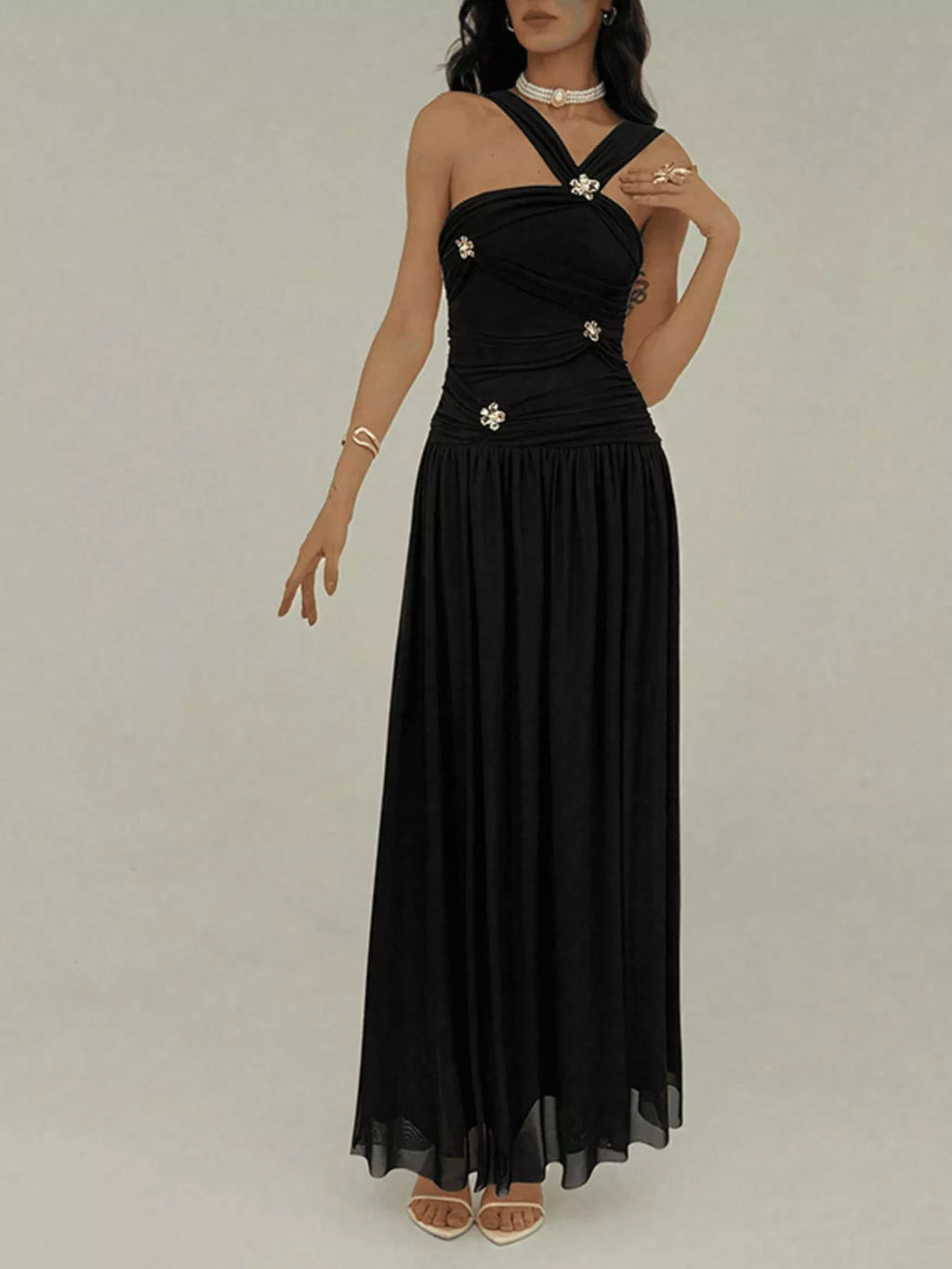 Black Ruched Sleeveless Embellished Maxi Dress - product view 2
