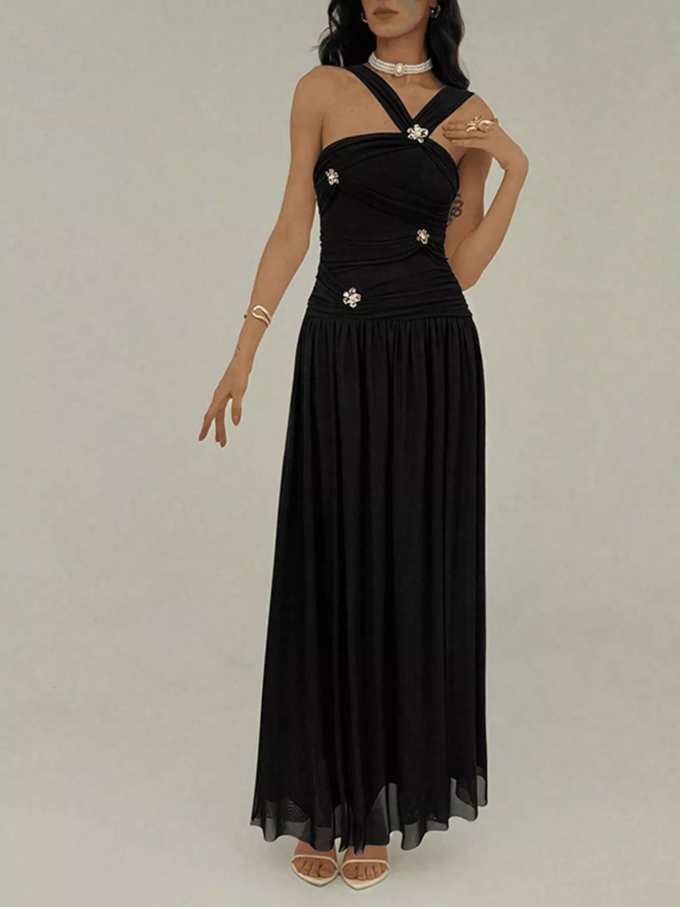 Black Ruched Sleeveless Embellished Maxi Dress - product view 2