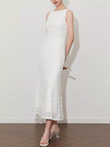 Off white floral applique midi dress