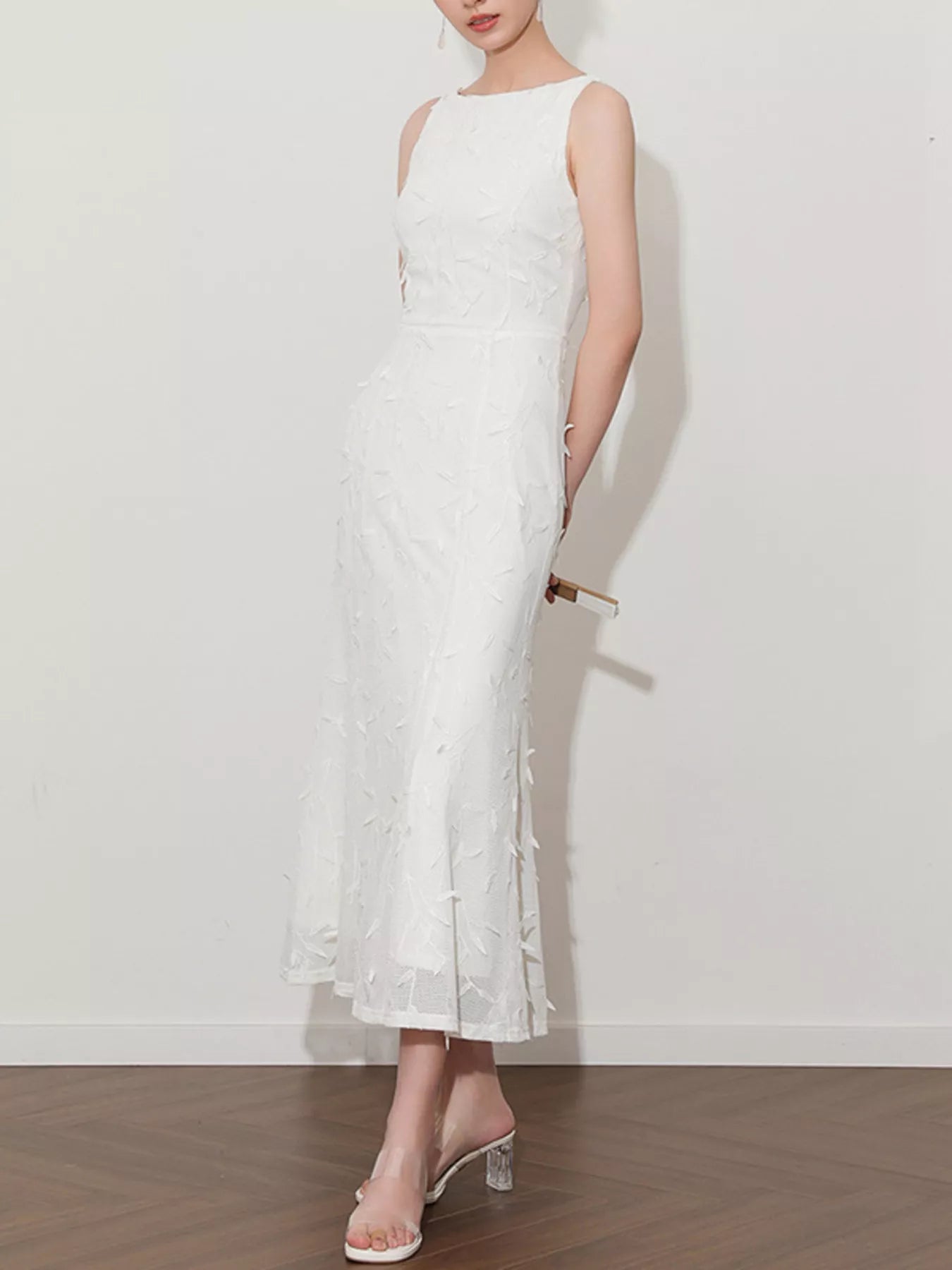 Off white floral applique midi dress