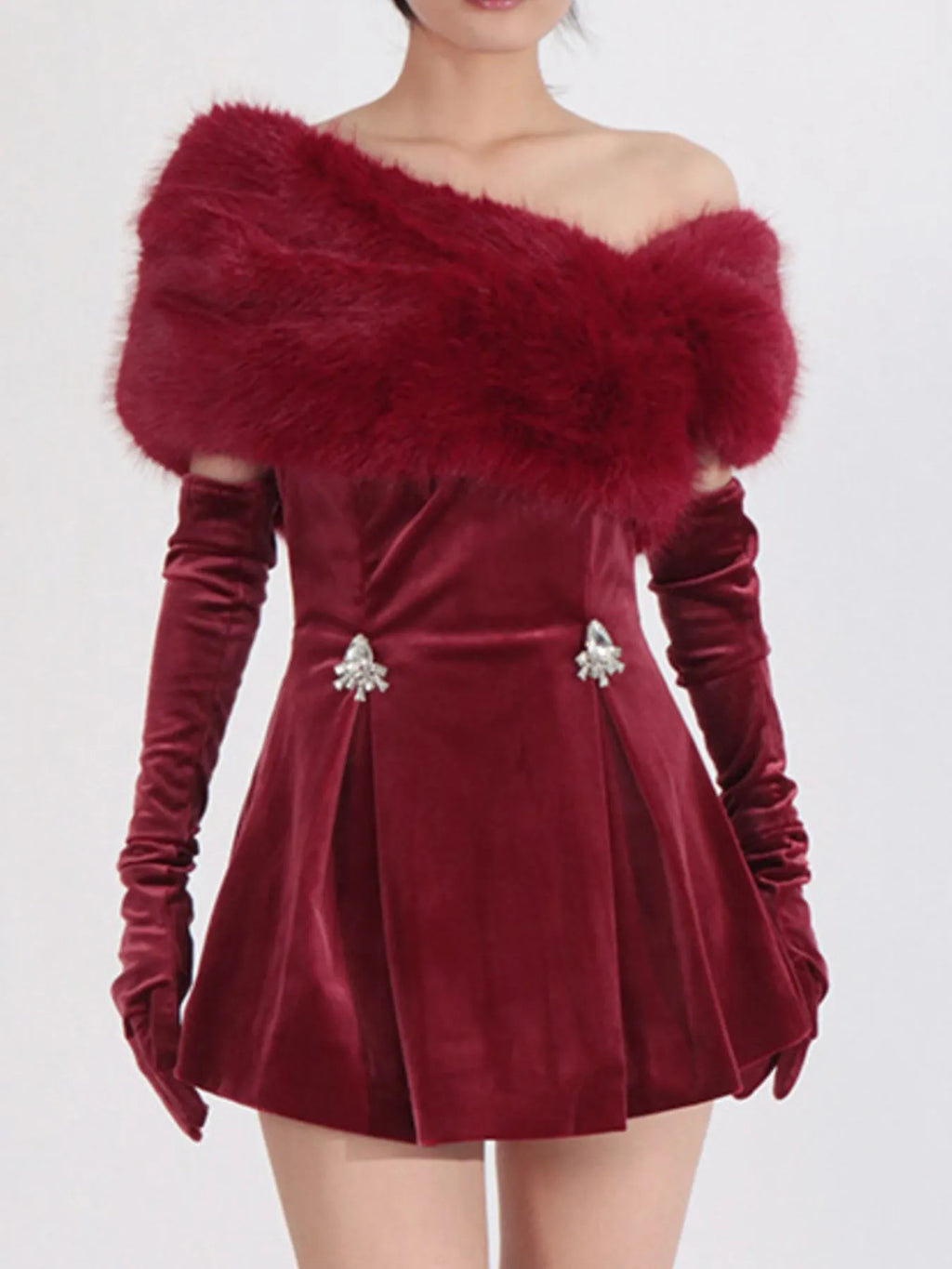 Red Fuzzy Off-the-Shoulder Rhinestone Mini Dress - product view 3