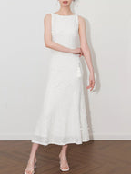 White sleeveless floral applique midi dress, front view