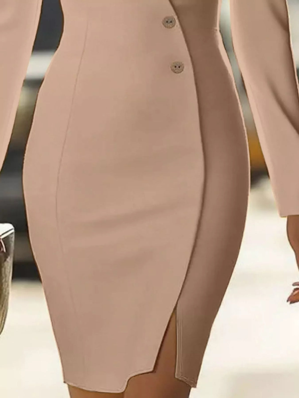 Beige long-sleeve buttoned blazer mini dress, skirt detail.