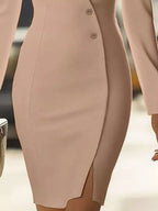 Beige long-sleeve buttoned blazer mini dress, skirt detail.