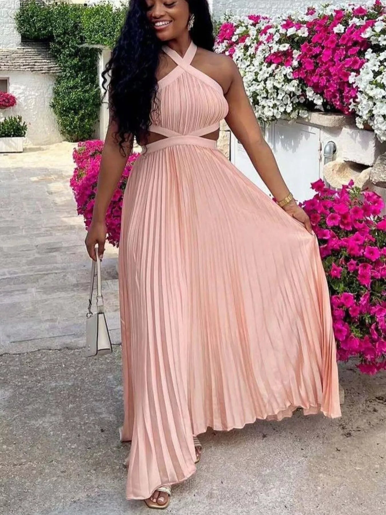 Watermelon Pink Halter Pleated Cutout Maxi Dress - product image 1
