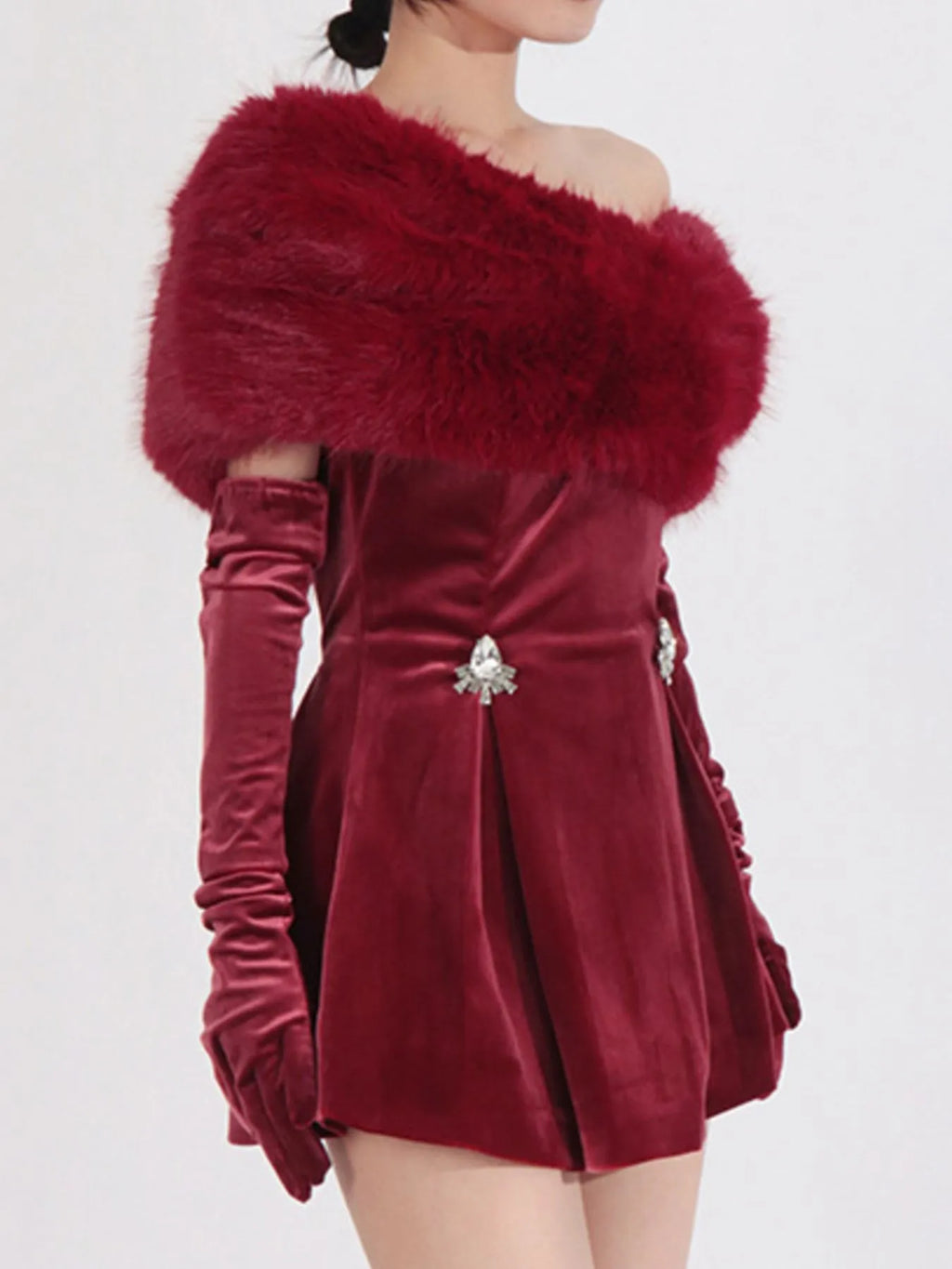 Red Fuzzy Off-the-Shoulder Rhinestone Mini Dress - product view 5