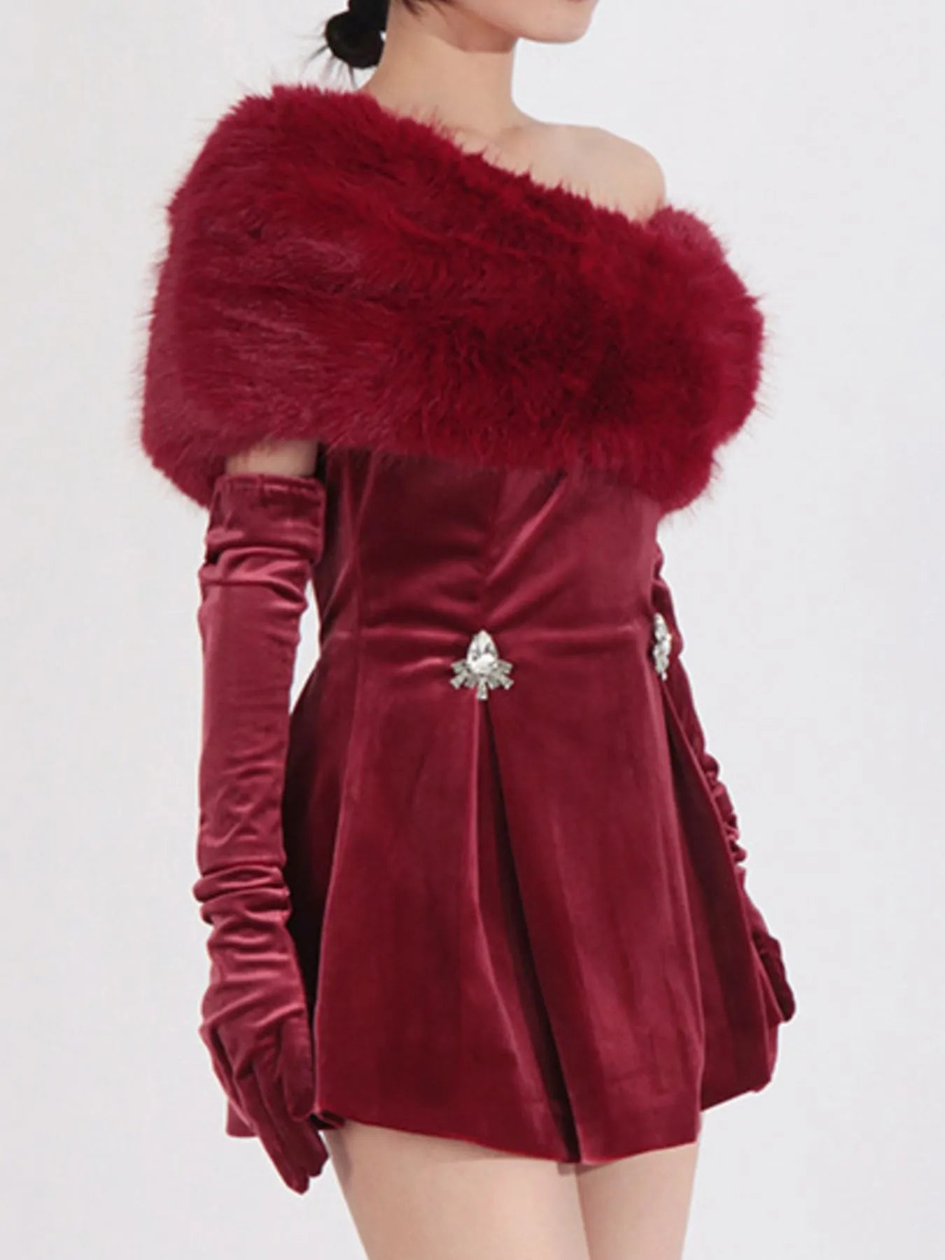Red Fuzzy Off-the-Shoulder Rhinestone Mini Dress - product view 5