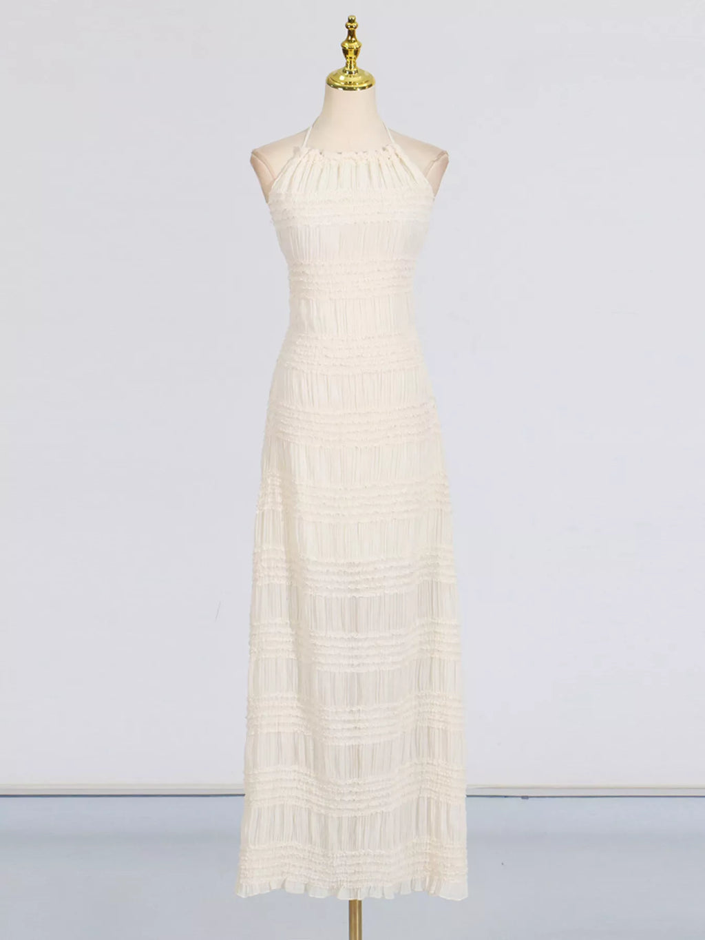 Smocked ruched maxi dress detail