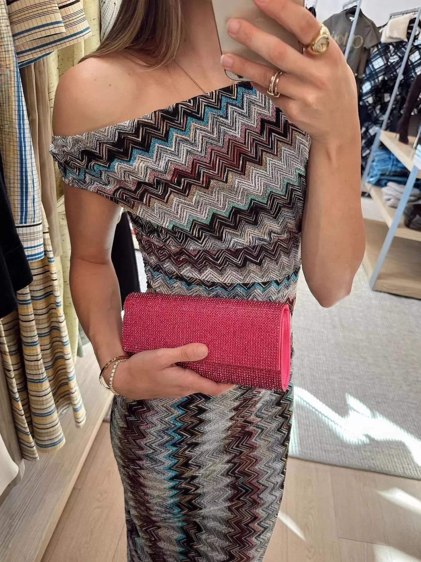 Multicolor One-Shoulder Zigzag-Knit Maxi Dress - product view 3