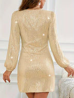 Apricot sequin V-neck long sleeve dress – view 3