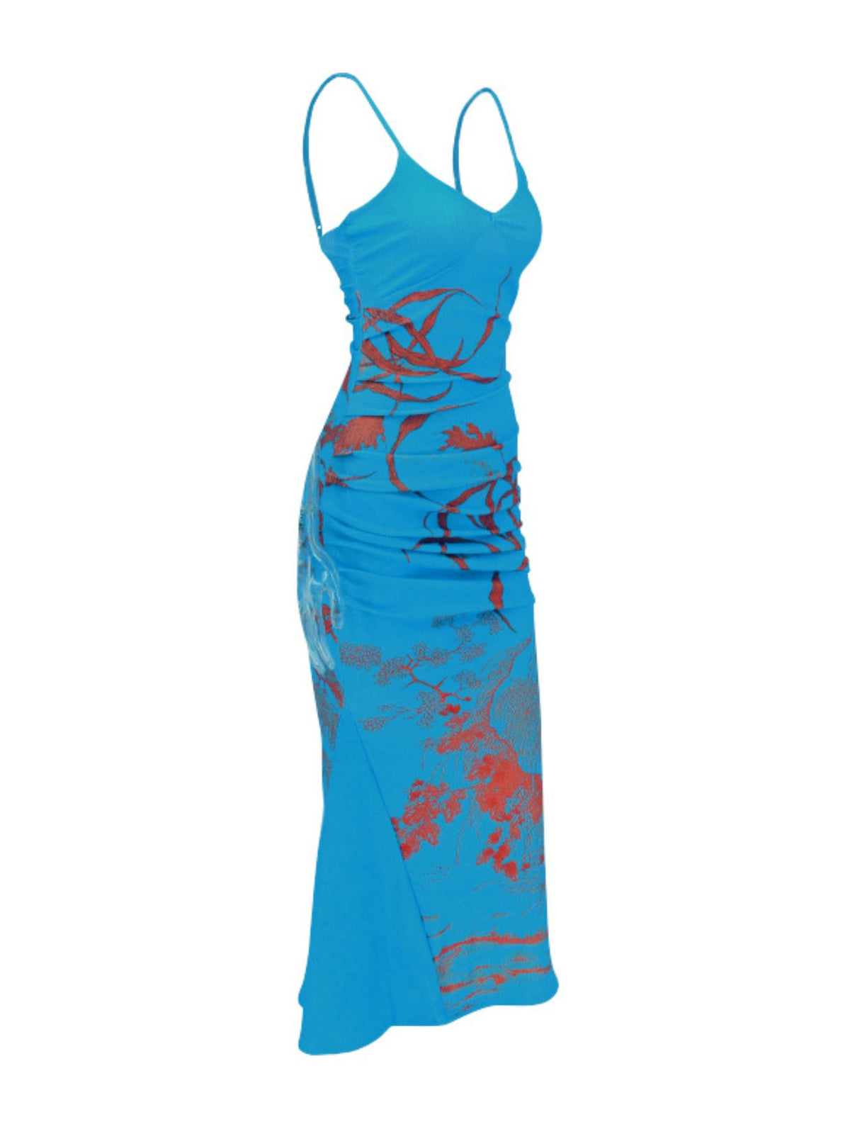 Blue floral thin-strap maxi dress, front view