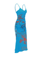 Blue floral thin-strap maxi dress, front view