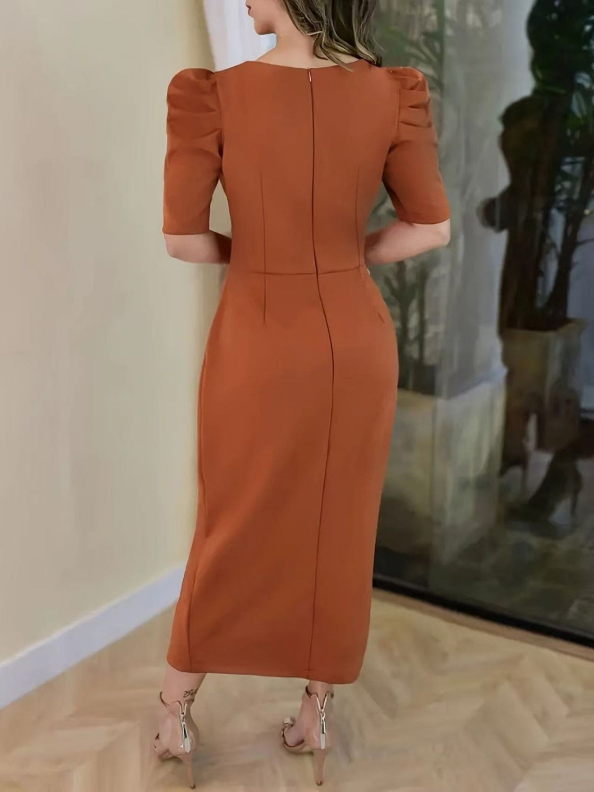 Rust short-sleeve fitted midi dress, back view