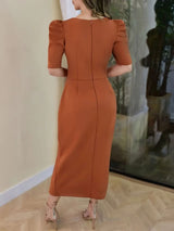 Rust short-sleeve fitted midi dress, back view