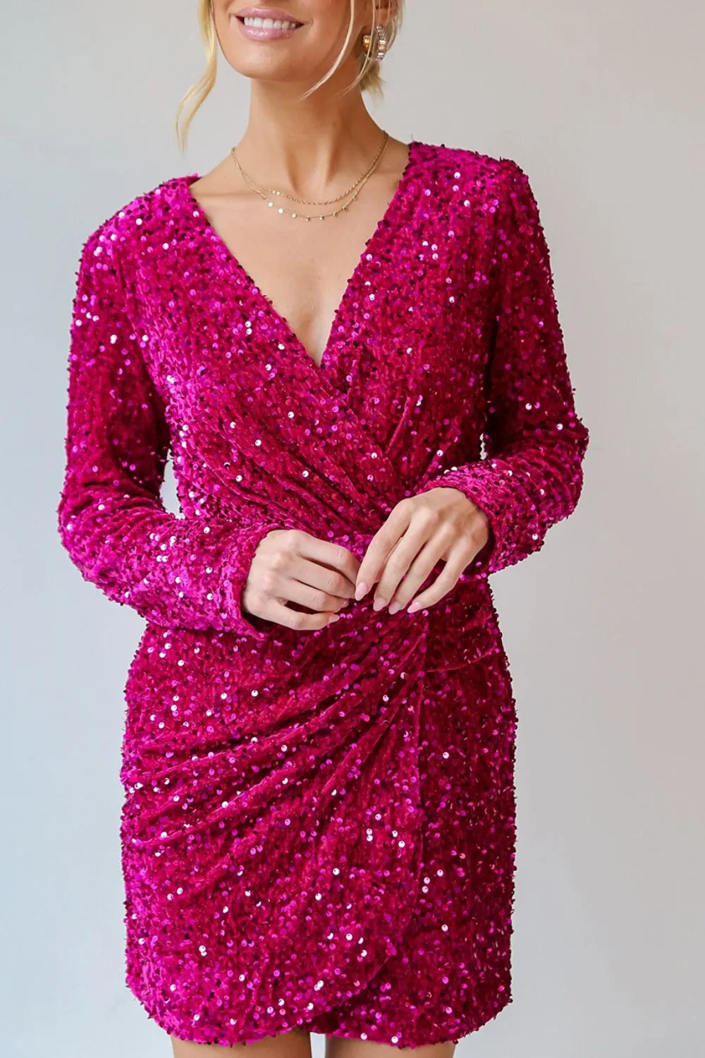 Deep rose sequin long sleeve mini dress