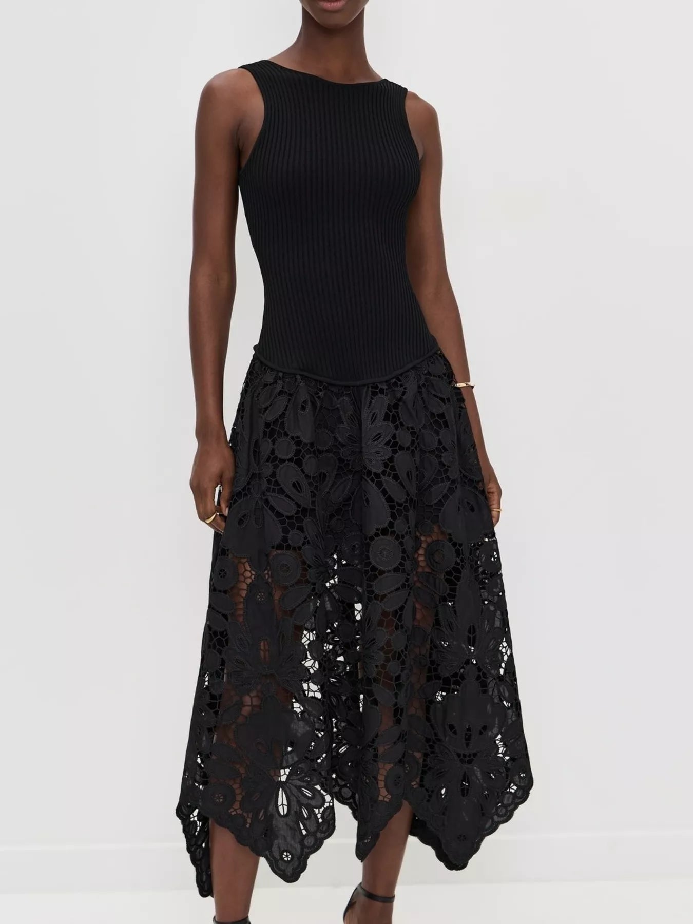 Black Sleeveless Ribbed Crochet Cutout Midi Dress - product view 4