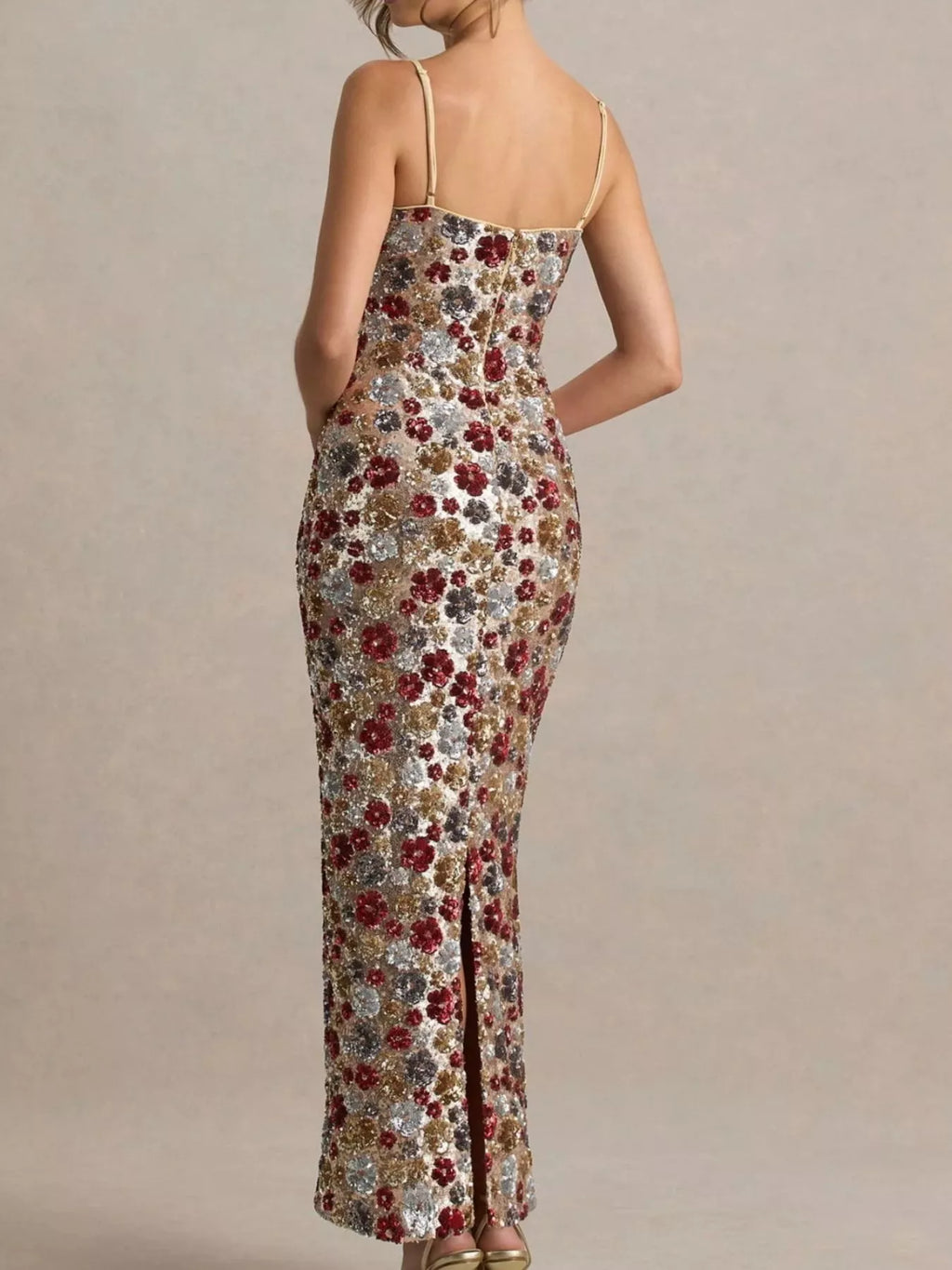 Floral sequin slit maxi dress full silhouette