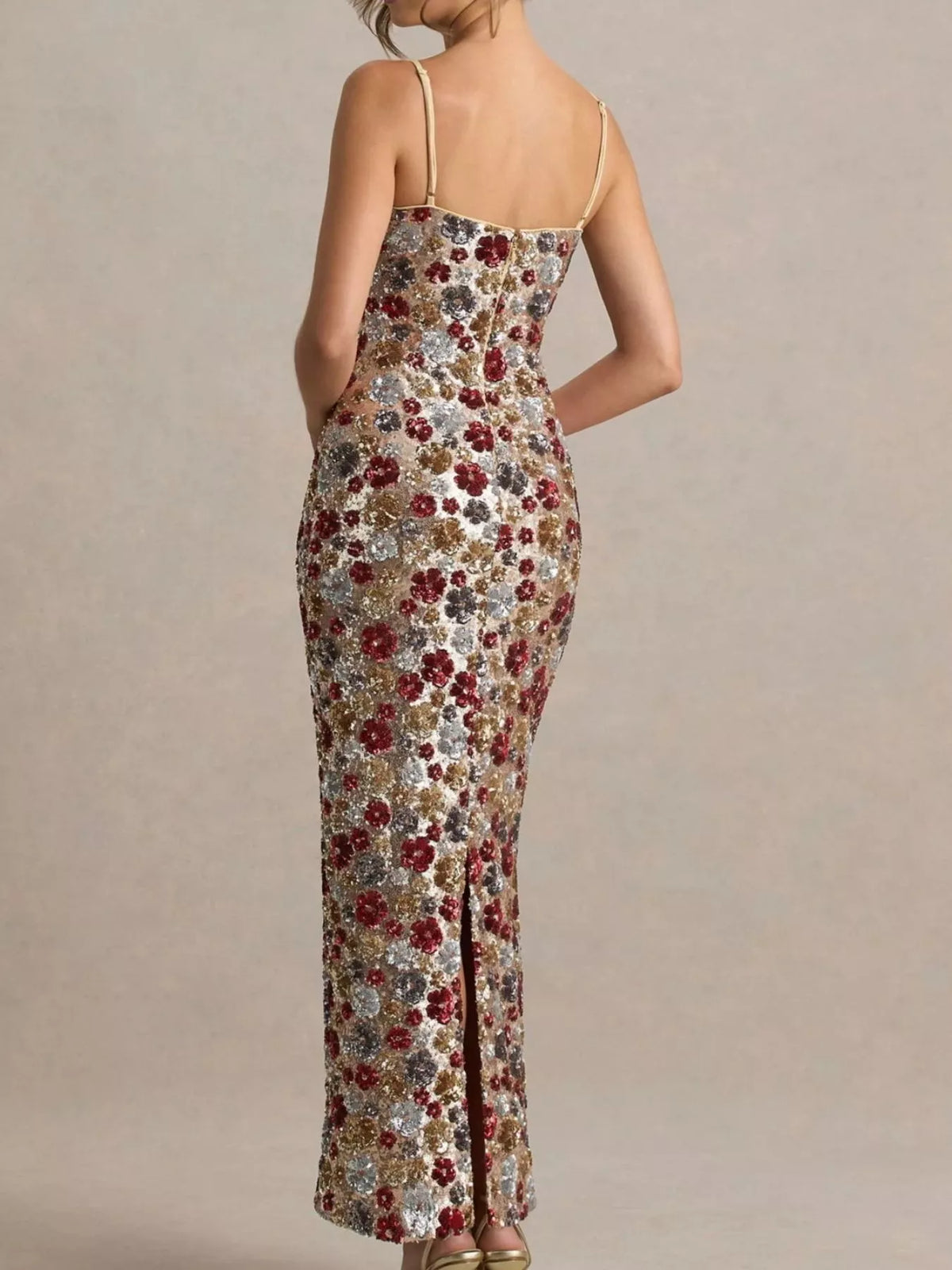 Floral sequin slit maxi dress full silhouette