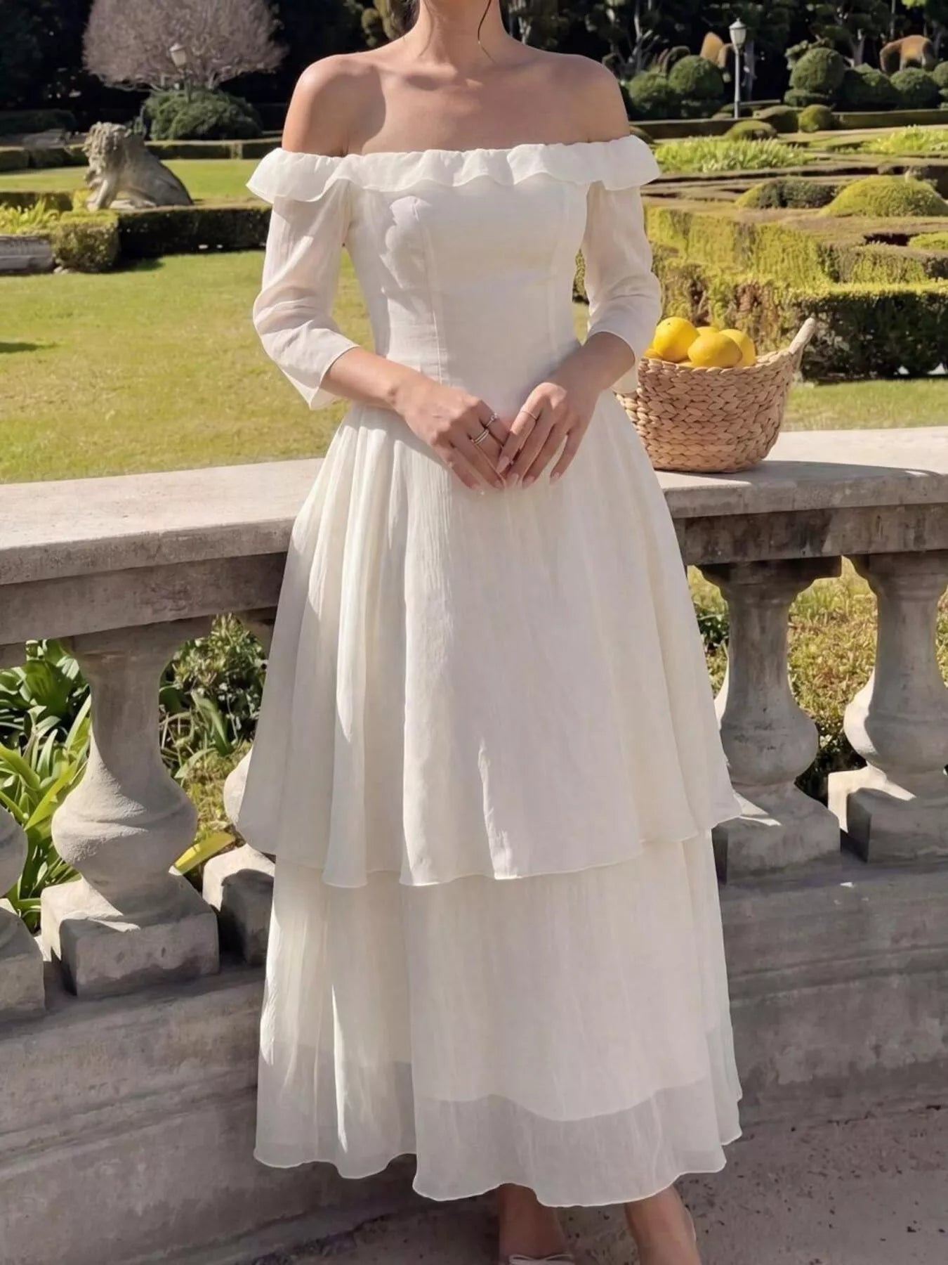 Cream off-shoulder layered midi dress front view