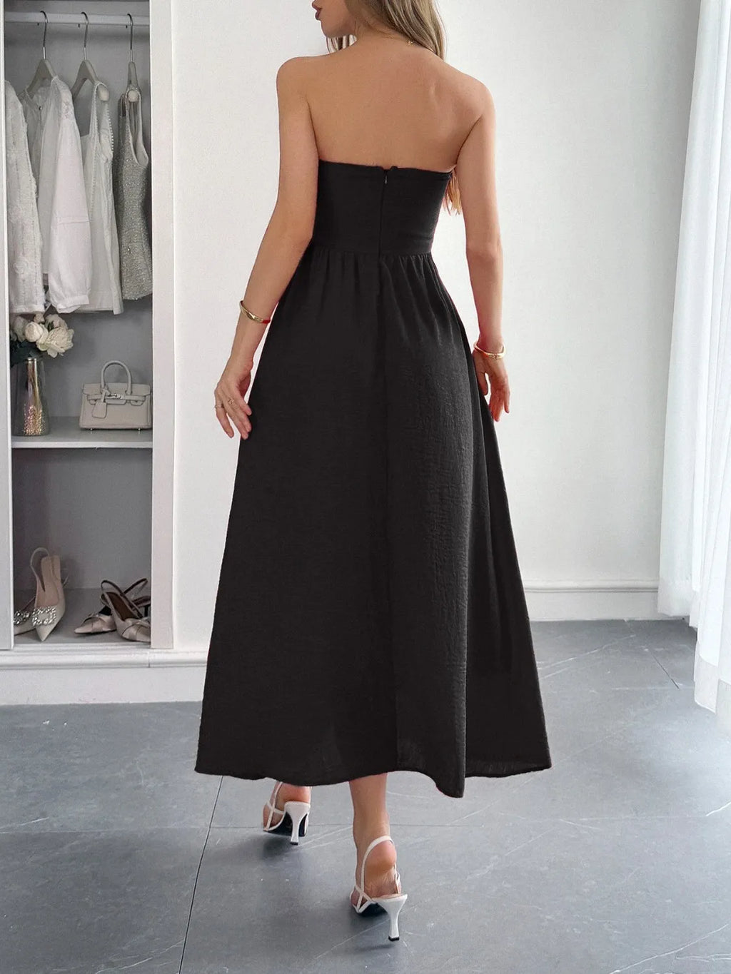 Strapless occasion dress side view