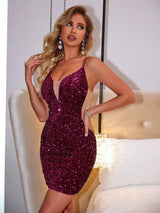 Burgundy sequin plunge-neck mini dress, front view