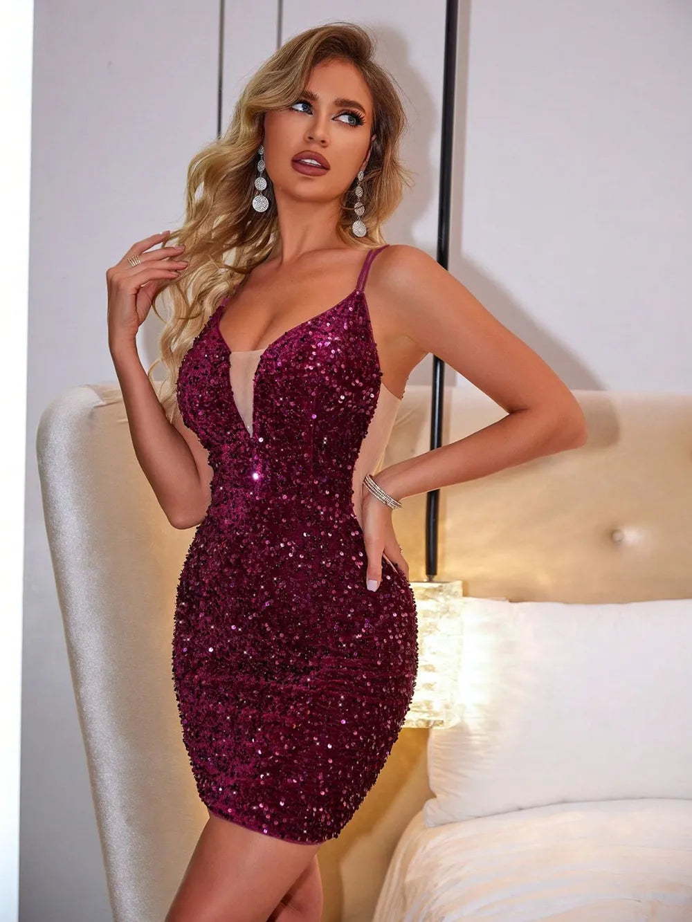 Sequin plunge mini dress back view