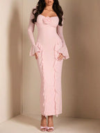 Pink floral ruffle maxi dress, front view.