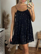Black plus-size sequin tie-shoulder mini dress, front view.