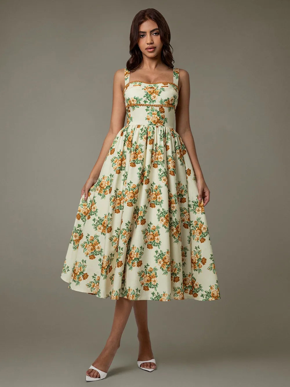 Ruched floral midi dress side view