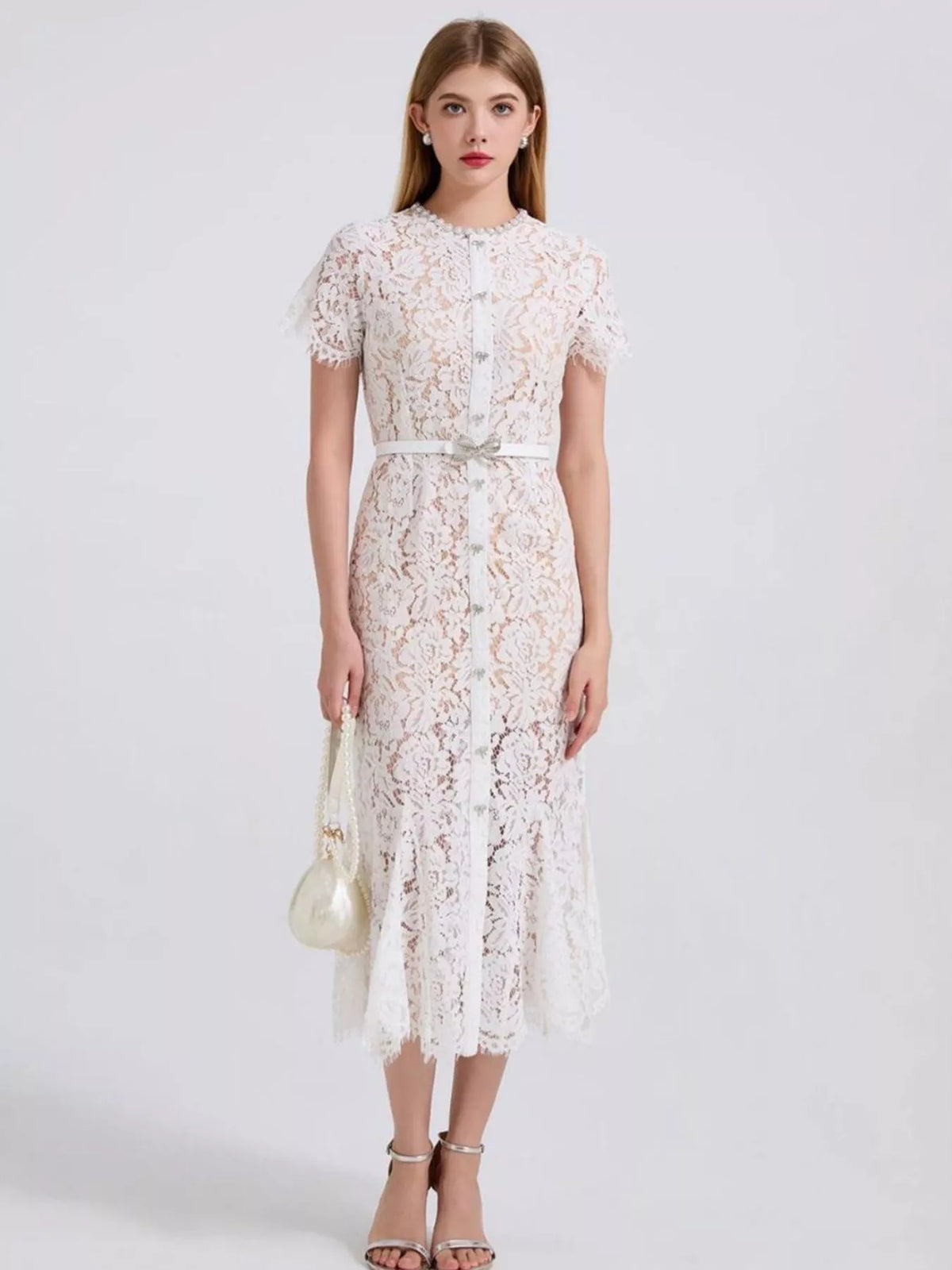 Ivory short-sleeve lace mermaid midi dress, front view.