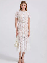 Ivory short-sleeve lace mermaid midi dress, front view.