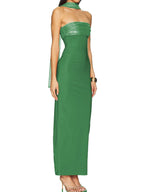 Green strapless long dress with matching neck scarf, front view