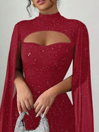 Red glitter cutout bodycon mini dress with cape sleeves, neckline detail.