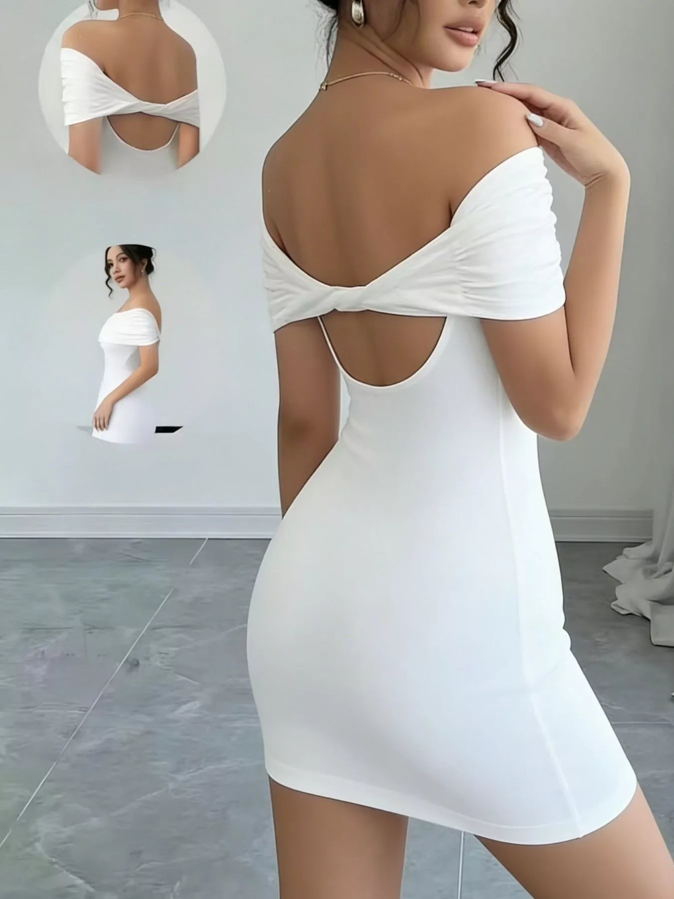 Off-shoulder bodycon mini dress full-length view