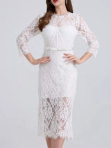 White lace long-sleeve midi dress, front view.