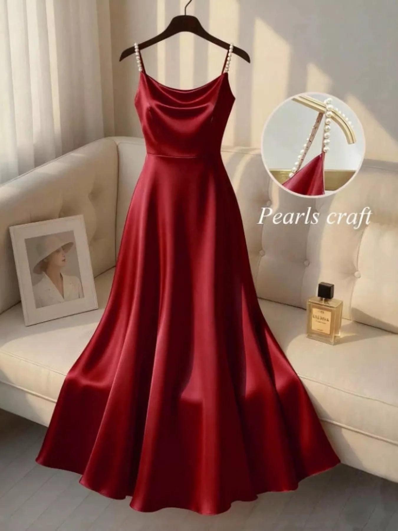 Pearl-strap satin maxi dress side view