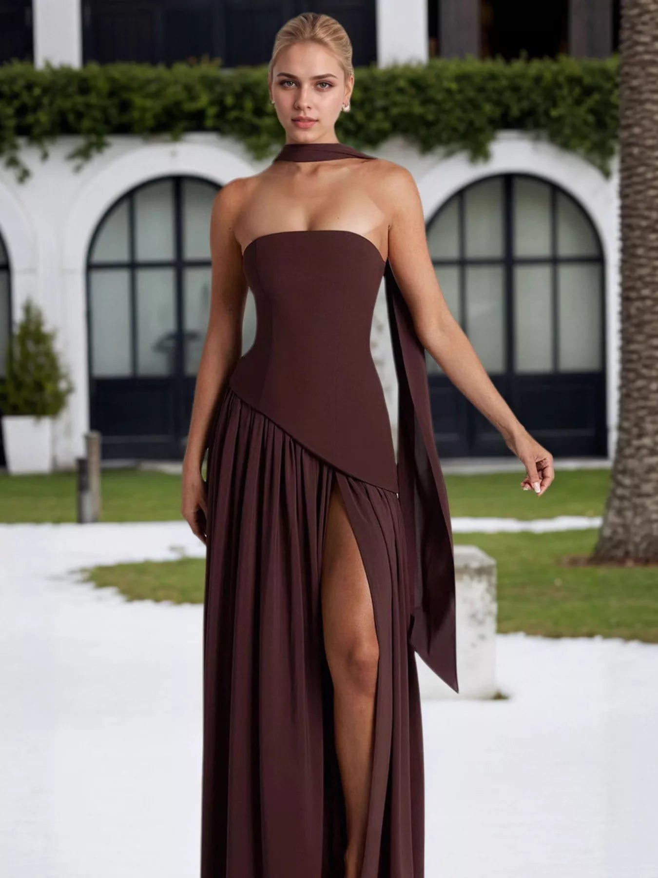 Two-Tone Strapless Asymmetrical Slit Maxi Dress - product view 3