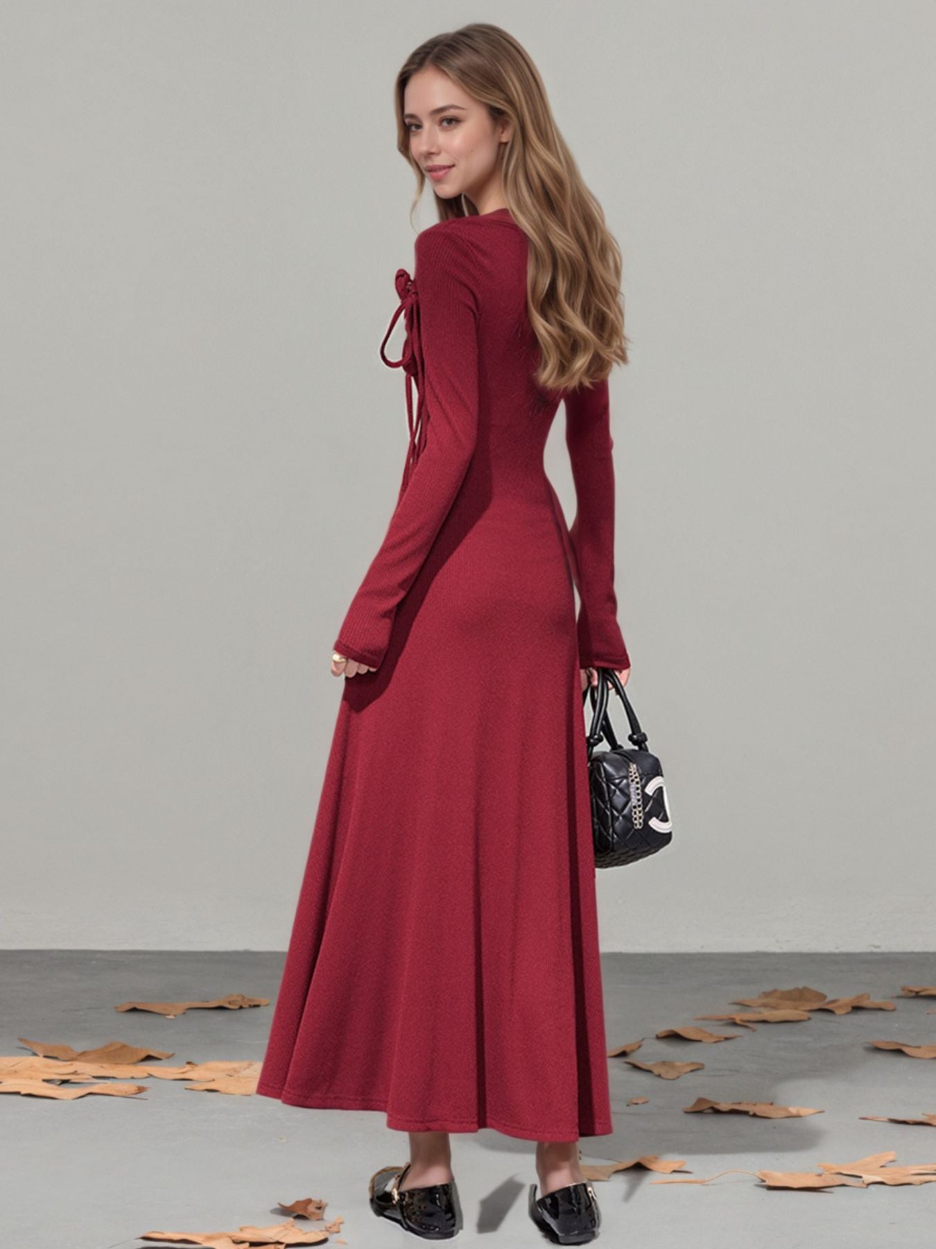 Red long sleeve occasion dress back view