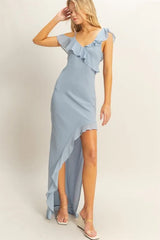 Ruffle trim slit midi dress silhouette