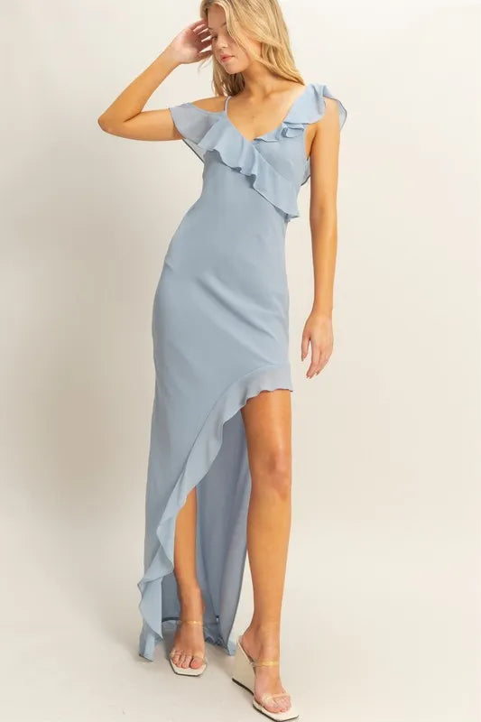 Ruffle trim slit midi dress silhouette