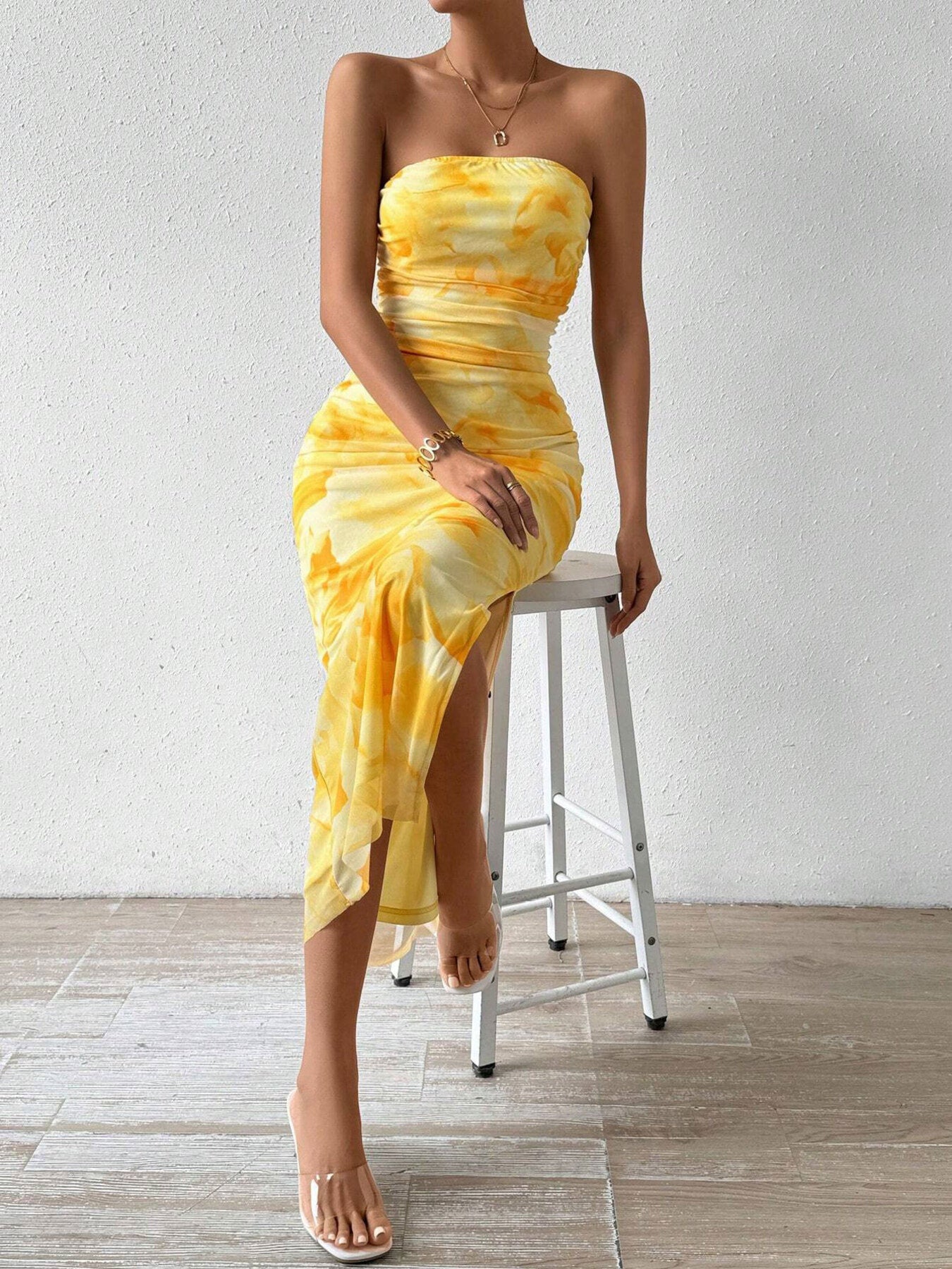 Yellow wedding guest midi dress