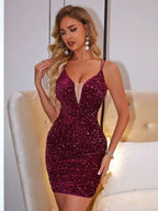 Burgundy sequin plunge mini dress front view