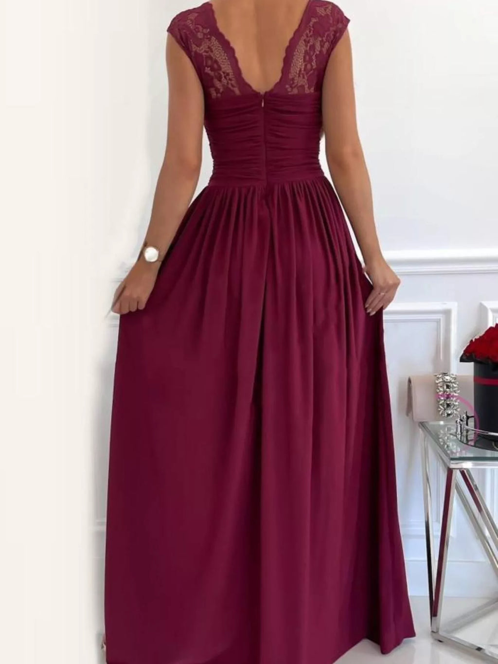 Burgundy lace slit maxi dress side view