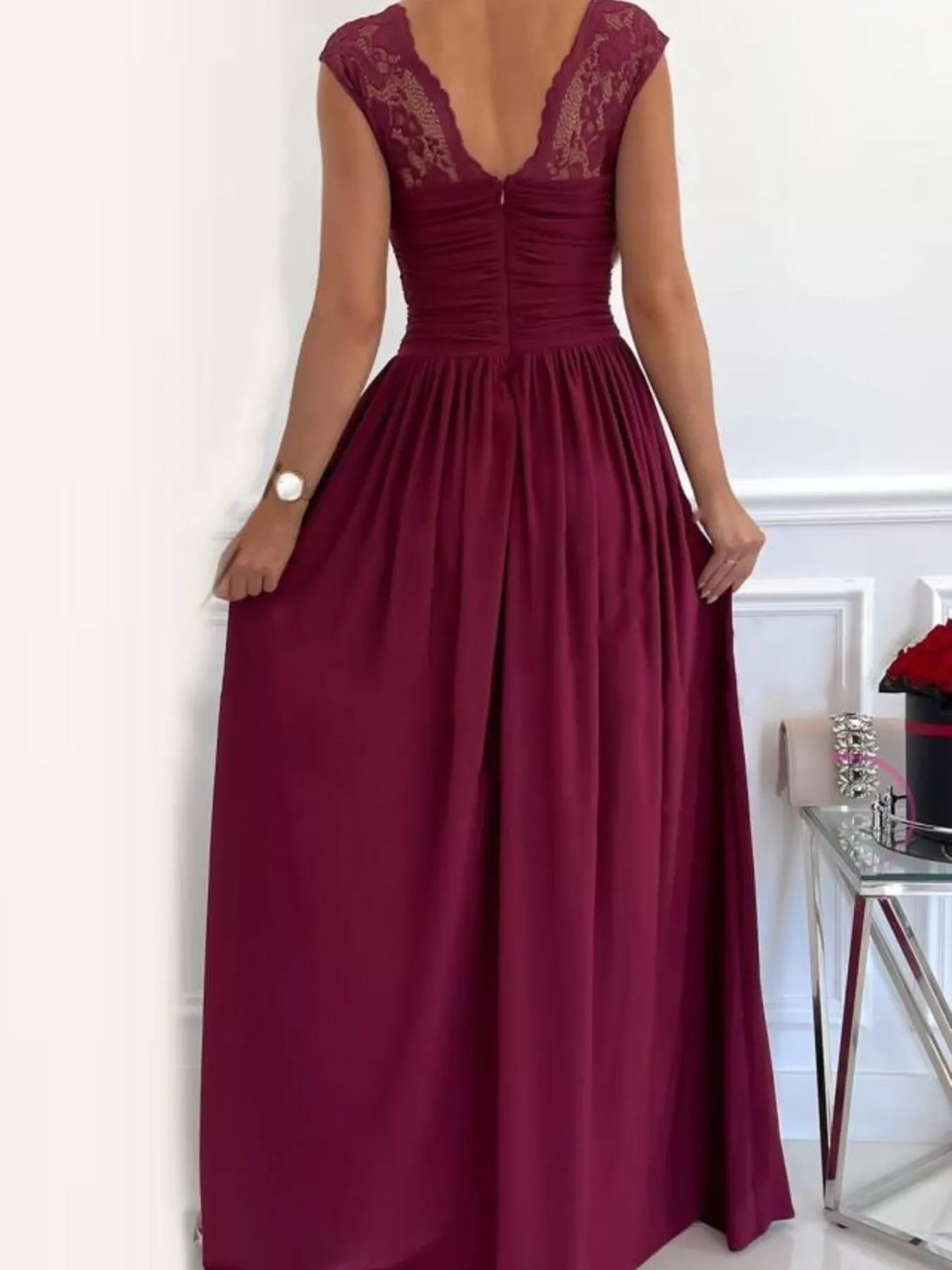 Burgundy lace slit maxi dress side view