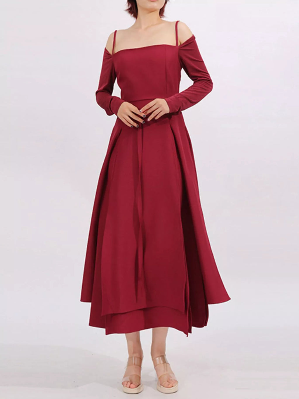 Ruched Spaghetti-Strap Long-Sleeve Slit Dress - product view 2