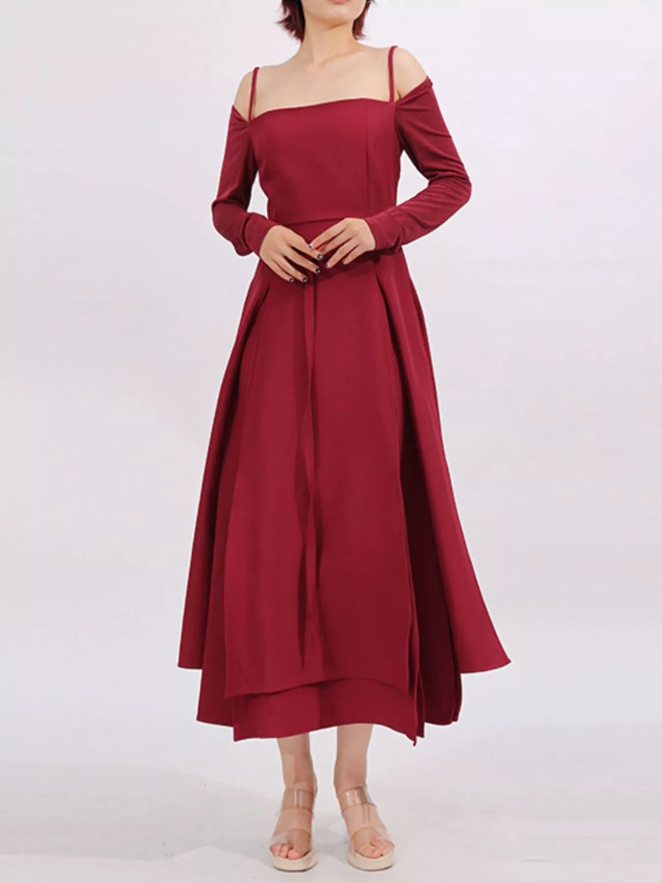 Ruched Spaghetti-Strap Long-Sleeve Slit Dress - product view 2