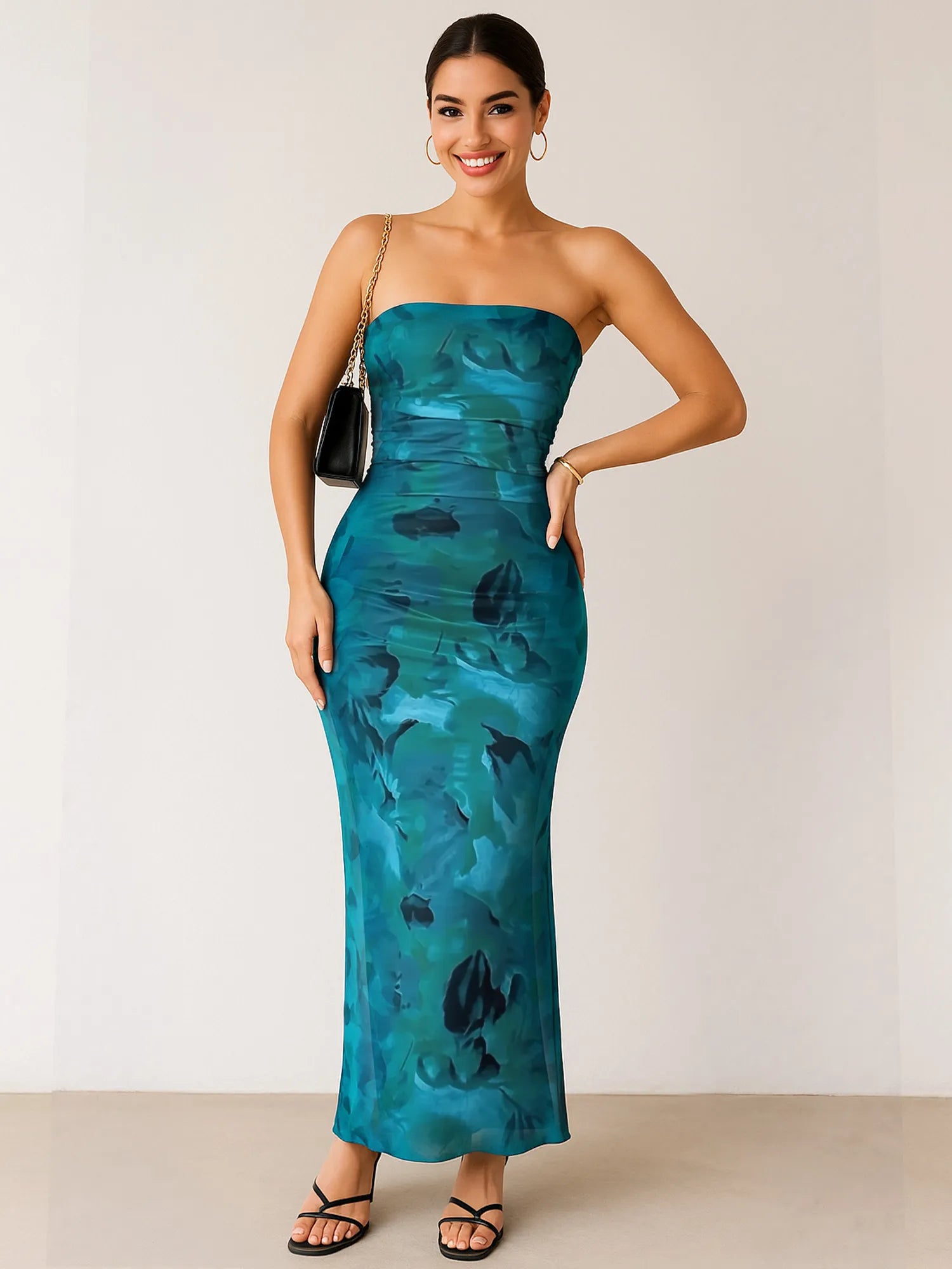 Blue printed strapless side-slit maxi dress