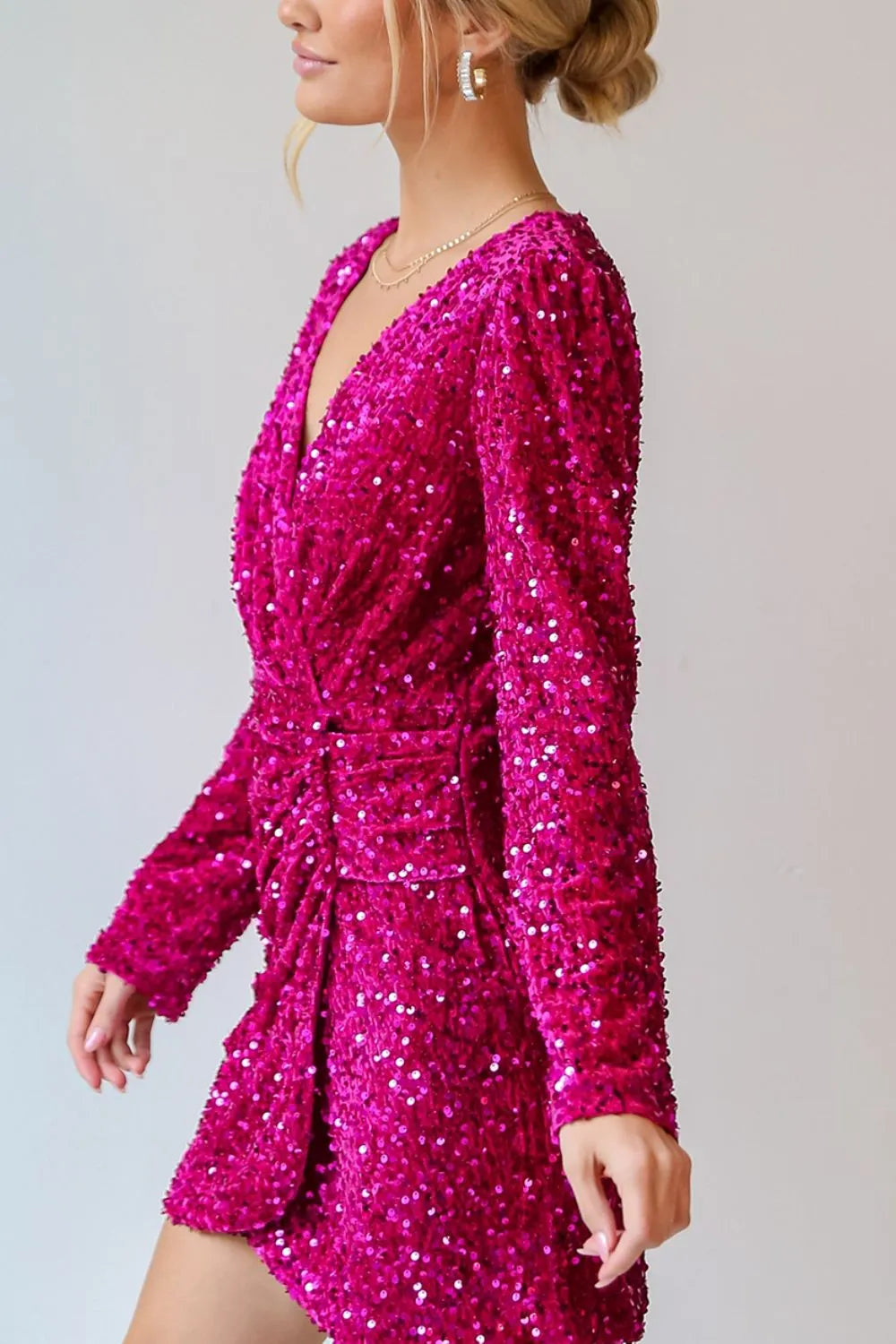 Sequin surplice mini dress front view